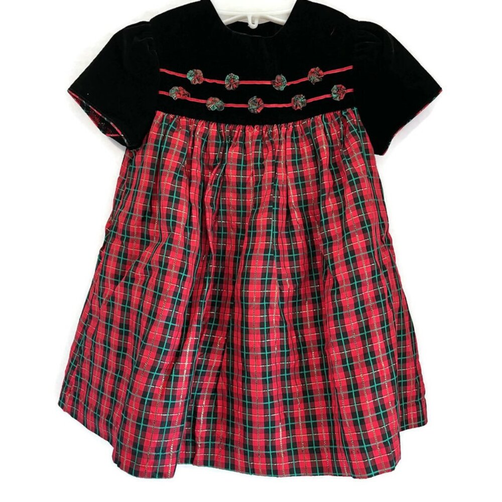 BONNIE JEAN Girls Toddler 3T Black Velvet Red Green Tartan Plaid Holiday Dress
